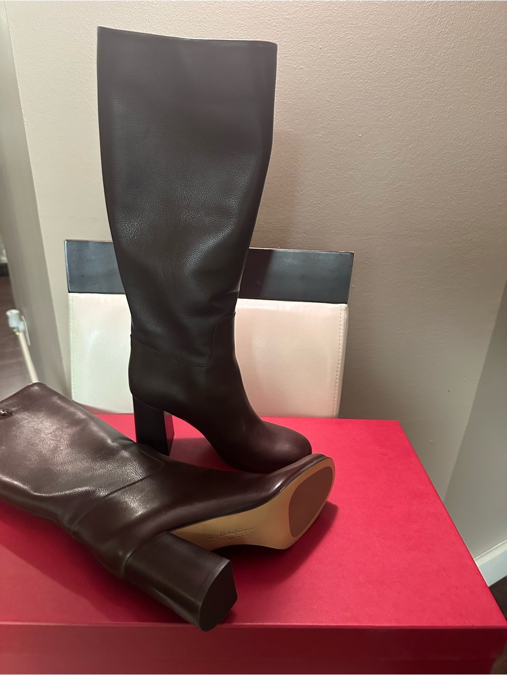Salvatore Ferragamo Dark Brown Leather Knee Boots with Signature Bit - Picture 3 of 5